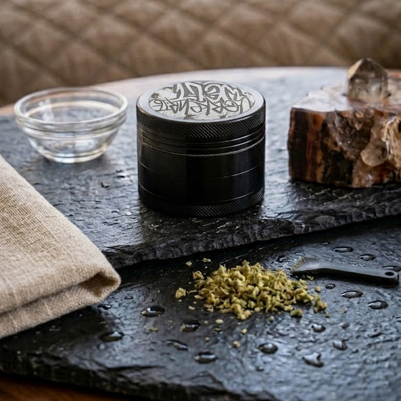 Herb grinder with intricate design on top, placed on a slate surface with herbs scattered around.