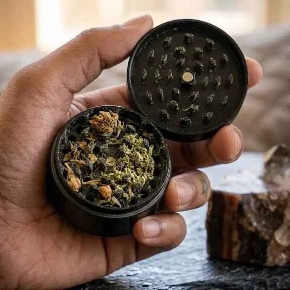Herbal Grinder with finely ground herbs and a hand holding the top lid.