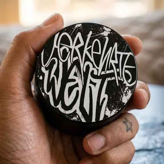 Yerkenate wax container held in hand, featuring bold black and white graffiti-style lettering.
