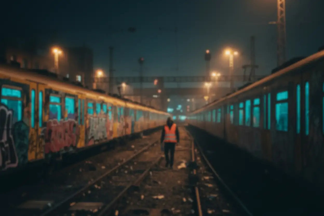 Eine Person mit einer leuchtend orangefarbenen Warnweste geht nachts zwischen zwei mit Graffiti besprühten U-Bahn-Zügen hindurch.
