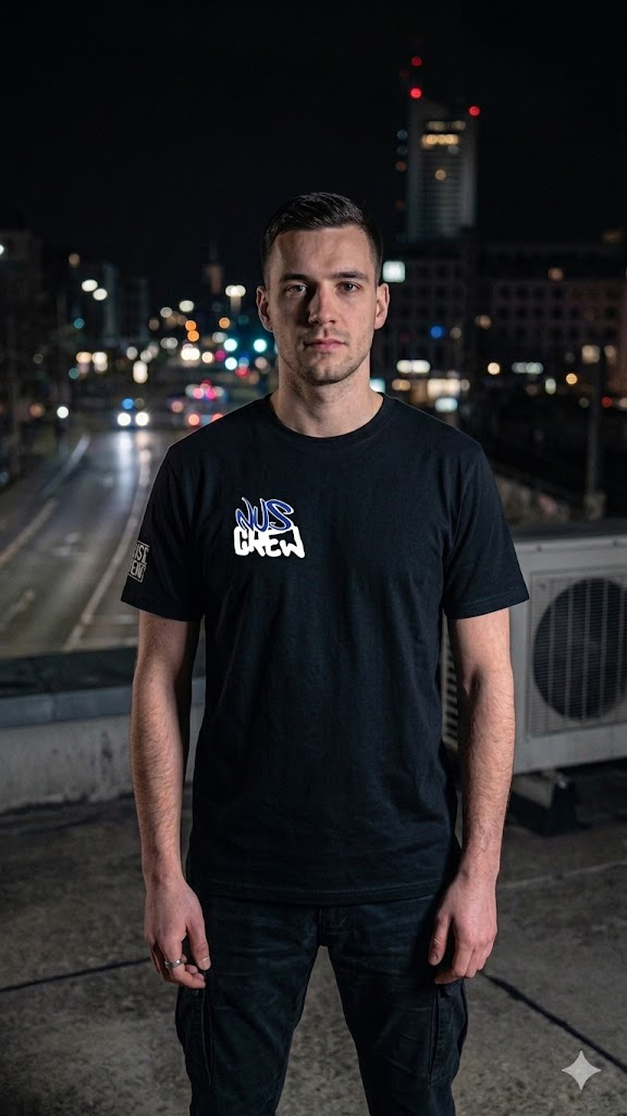 Mann trägt schwarzes T-Shirt mit Aufdruck 'eat the rich' vor nächtlicher Stadtkulisse.