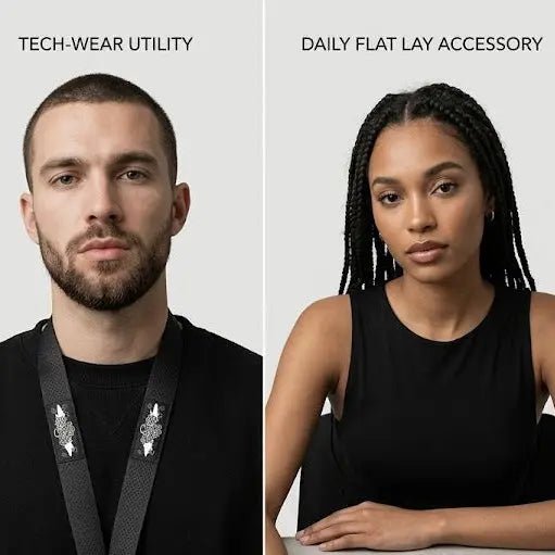 Tech-wear utility featuring a stylish lanyard and a daily flat lay accessory for modern aesthetics.