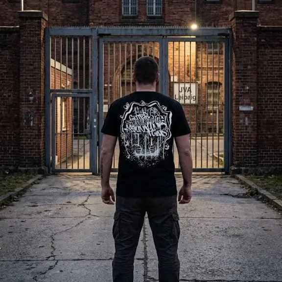 Schwarzes Graffiti T-Shirt „Hinter Gittern trennt sich Freund und Feind“