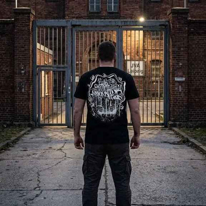 Schwarzes Graffiti T-Shirt „Hinter Gittern trennt sich Freund und Feind“