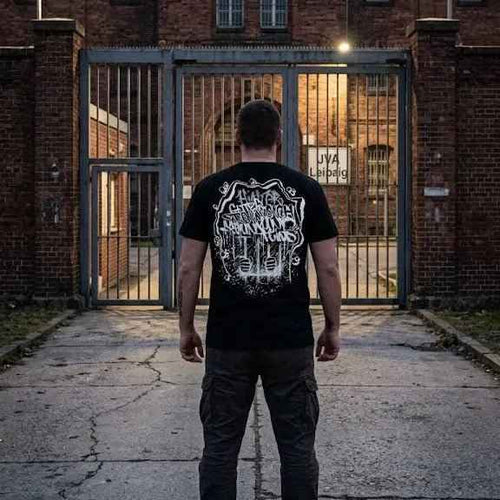 Schwarzes Graffiti T-Shirt „Hinter Gittern trennt sich Freund und Feind“