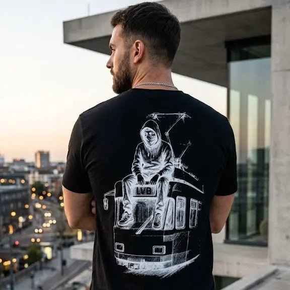 Urban Streetwear Graphic T-Shirt featuring a stylish design of a figure on a tram.