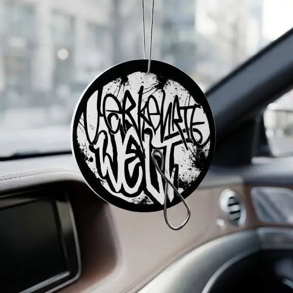 Car Freshener Well with graffiti-style design hanging in a vehicle.