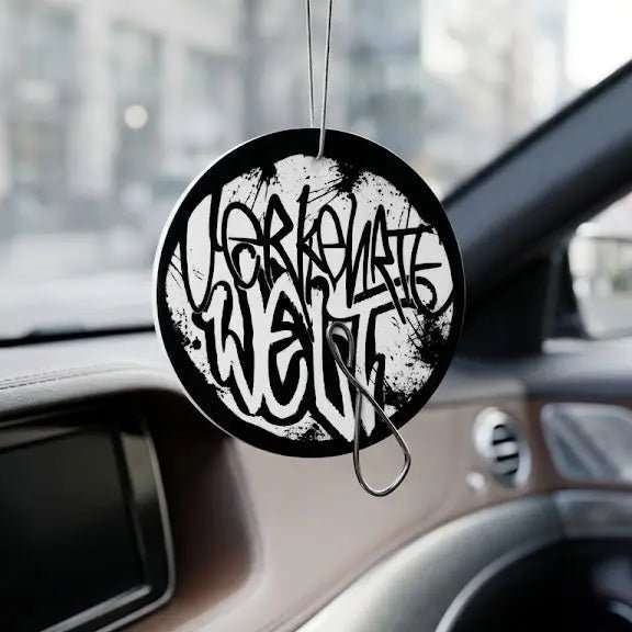 Car Freshener Well with graffiti-style design hanging in a vehicle.