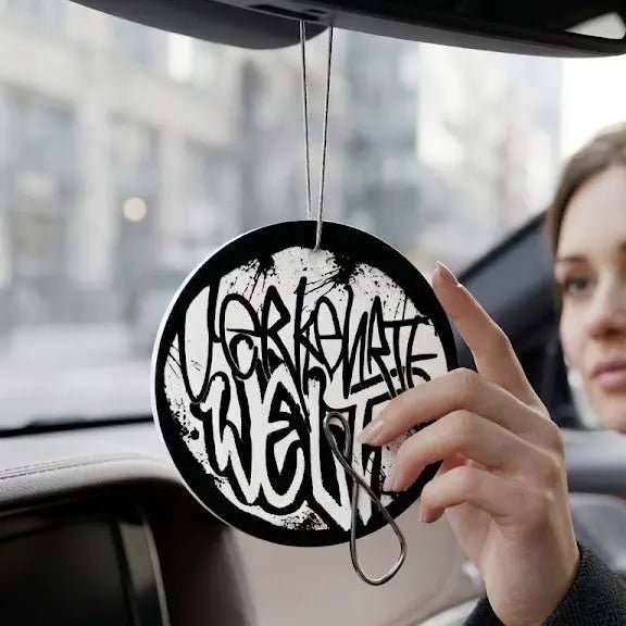 Car Air Freshener with unique black and white design, hanging from rearview mirror.