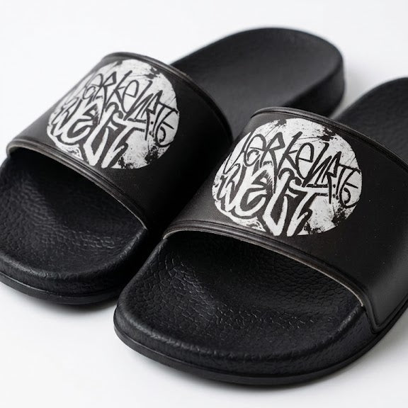 Graphic slide sandals featuring bold black and white design for casual wear.