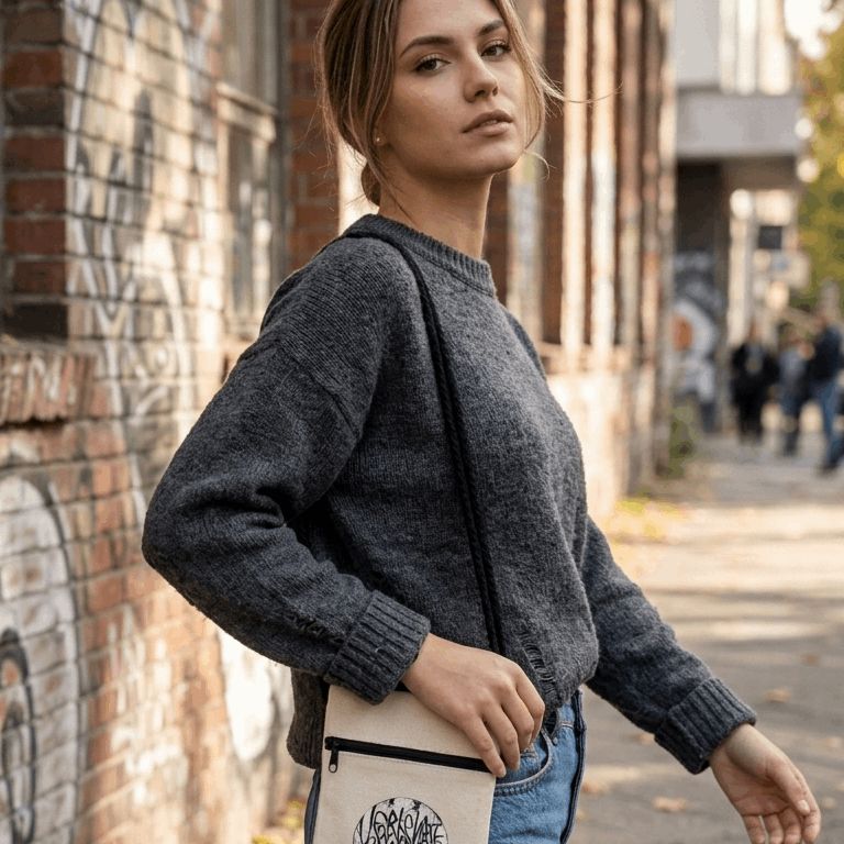 Stylish gray sweater worn by a model in an urban setting, showcasing casual fashion.