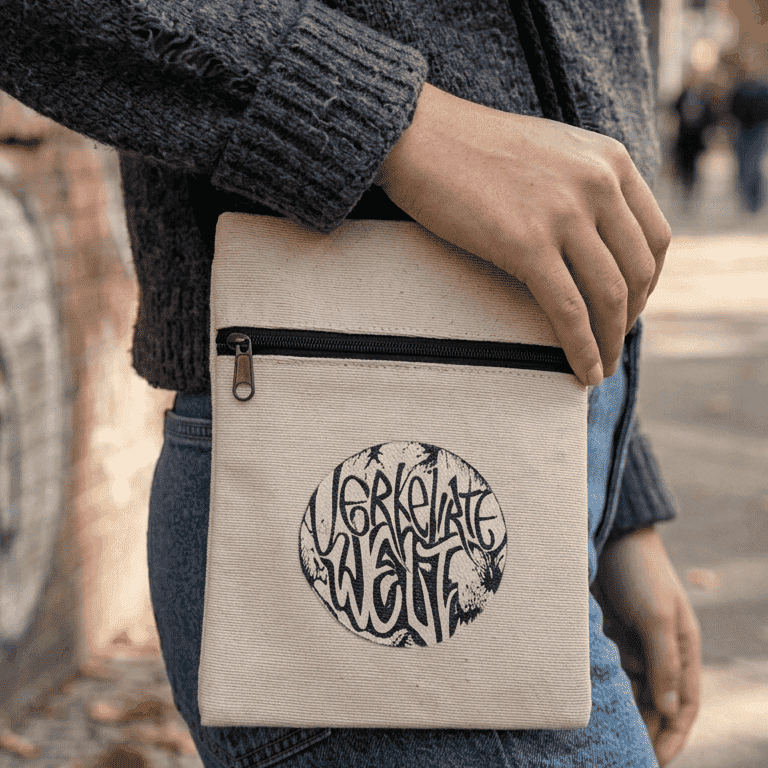 Elevate Want canvas pouch featuring a stylish graphic design, perfect for carrying essentials.