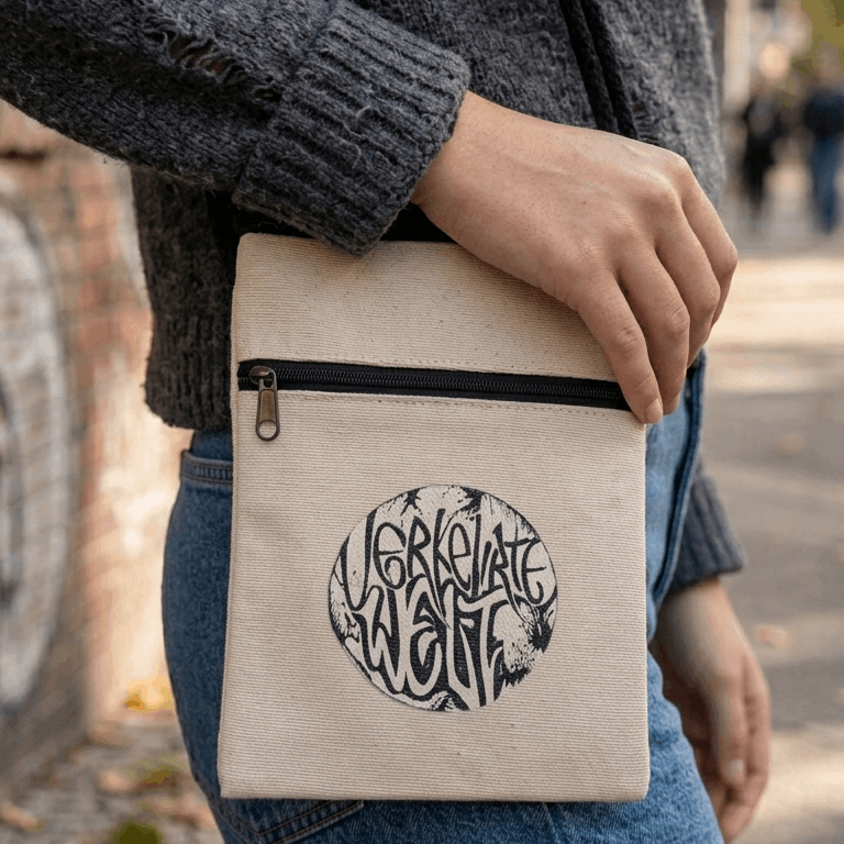 Elevate Want canvas pouch featuring a stylish graphic design, perfect for carrying essentials.