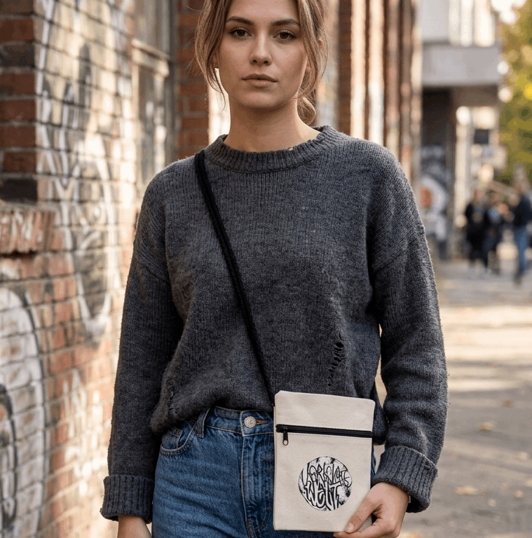 Stylish crossbody bag featuring a unique circular design, worn by a model in a gray sweater.