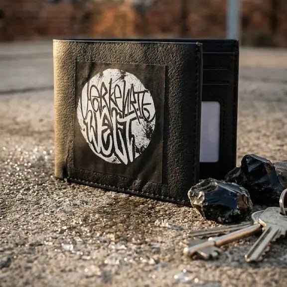 Graffiti Wallet featuring a unique design, made of black leather with a stylish logo.