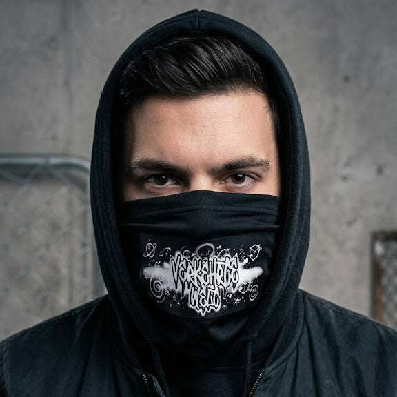 Graphic Black Face Mask featuring unique design for stylish protection.
