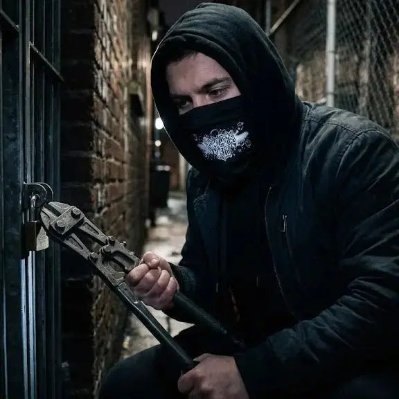 Lock picking tools for security professionals, featuring a masked individual using bolt cutters.