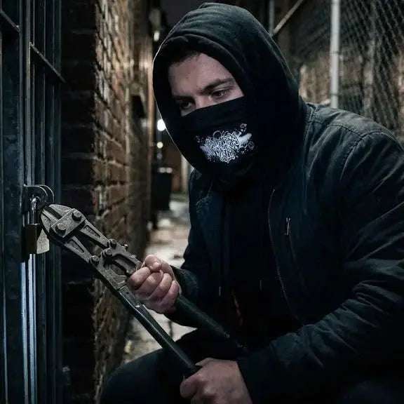 Lock picking tools for security professionals, featuring a masked individual using bolt cutters.