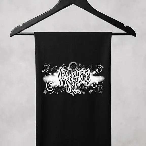 Vexatree Wild black scarf featuring a unique graphic design with planets and stars.