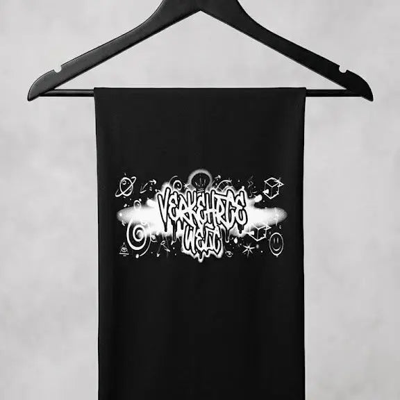 Vexatree Wild black scarf featuring a unique graphic design with planets and stars.
