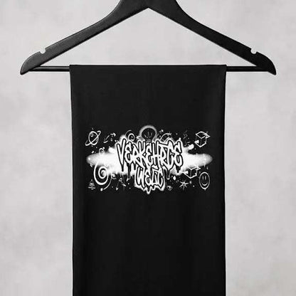 Vexatree Wild black scarf featuring a unique graphic design with planets and stars.