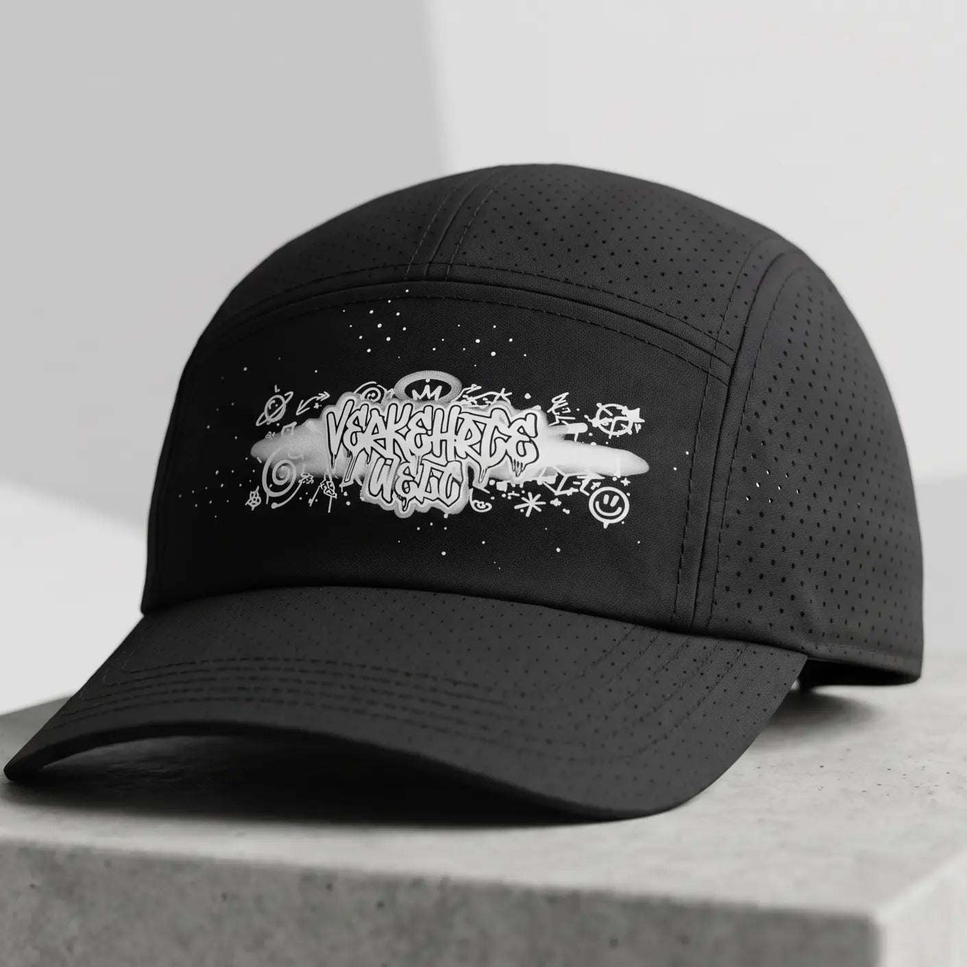 Black graphic cap featuring unique design and breathable fabric.