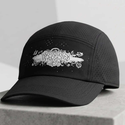 Black graphic cap featuring unique design and breathable fabric.
