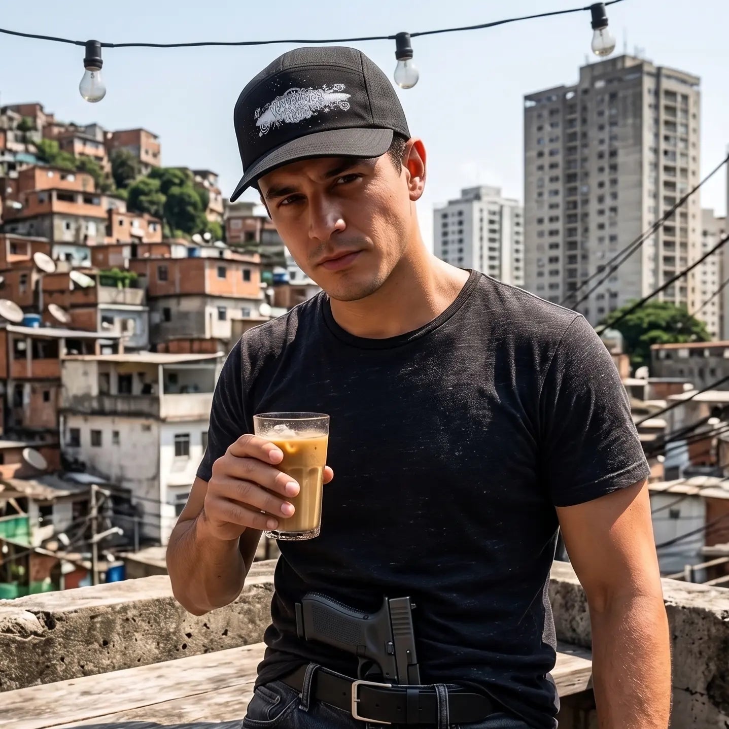 Black baseball cap featuring a unique design, worn by a man holding a drink in an urban setting.