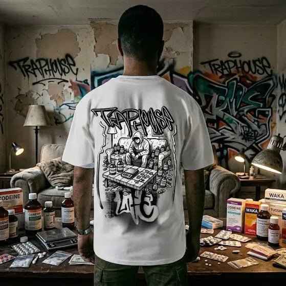 Weißes T-Shirt “Traphouse Life” Backprint